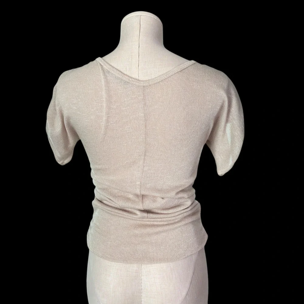 90s DEB Beige Knit Top S Longline Fitted Sweater USA‎ Side Gathered V Neck